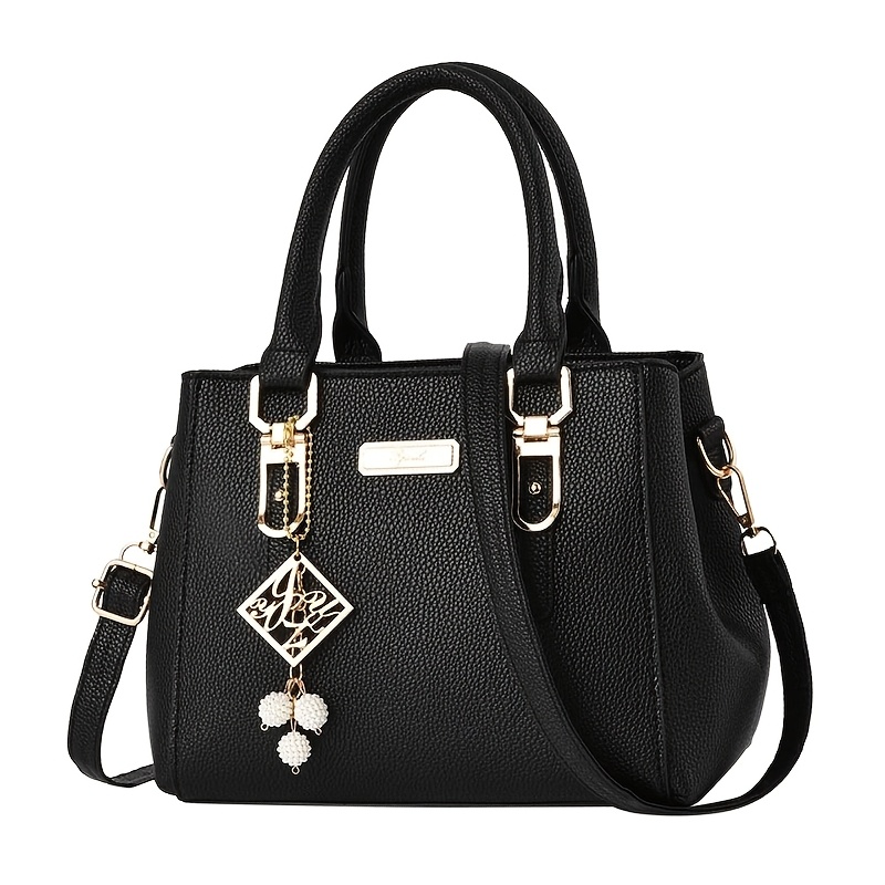 TEMU Large Capacity Shoulder Bag, Messenger Bag, Trendy Handbag With Pendant, Multiple Compartments, Zipper Closure, Adjustable Shoulder Strap,