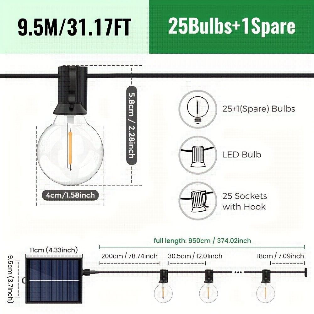 E-shop Solarbetriebene Outdoor LED-Lichterkette mit Fernbedienung, 8 Beleuchtungsmodi, dimmbar & hochwertig, bruchsichere Terrassenlampe für Camping,