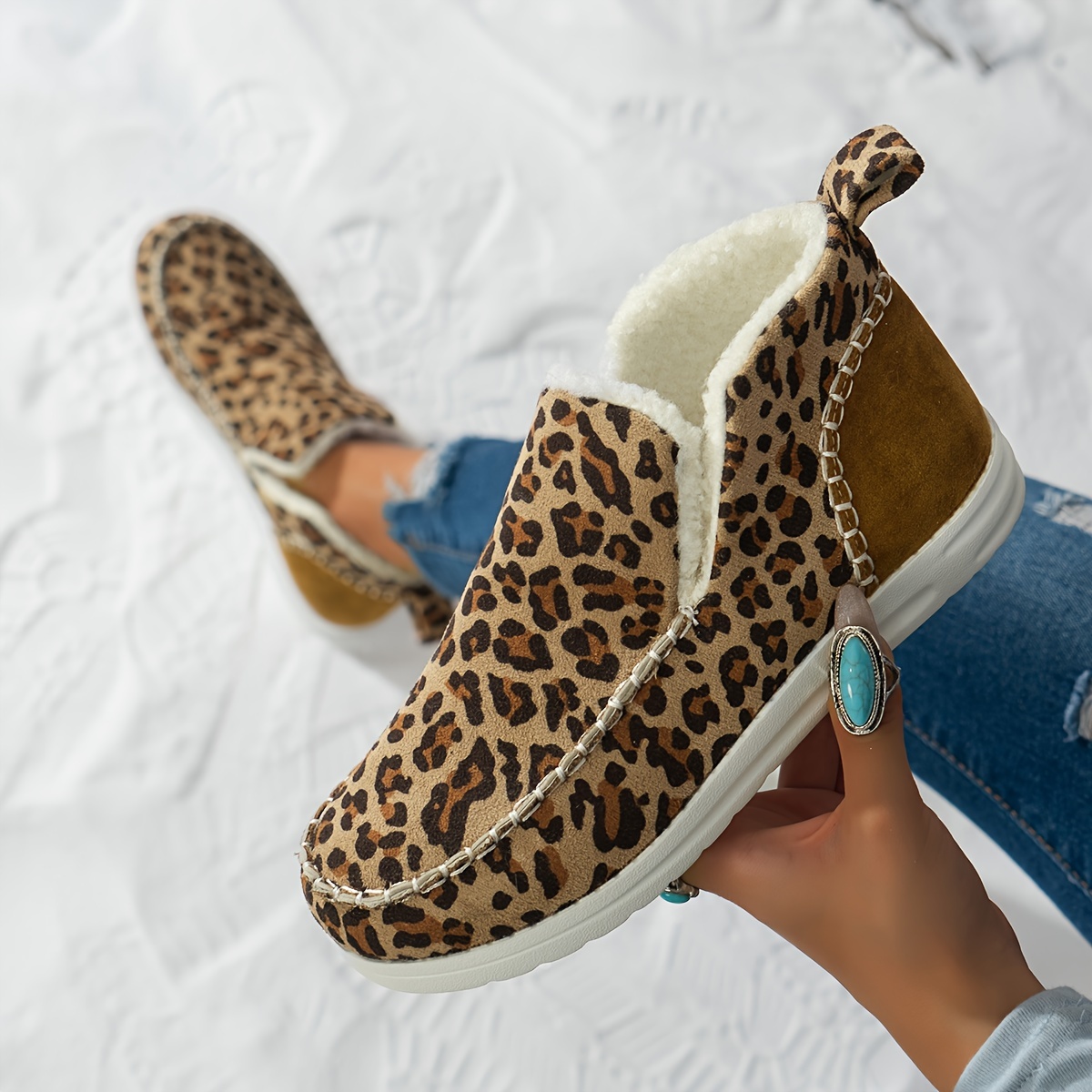 

Women's Leopard Print Ankle Boots, Comfortable Round Toe Faux Leather Flat Heel, Plush Faux Fur Lined Winter Snow Boots, One-piece Slip-on