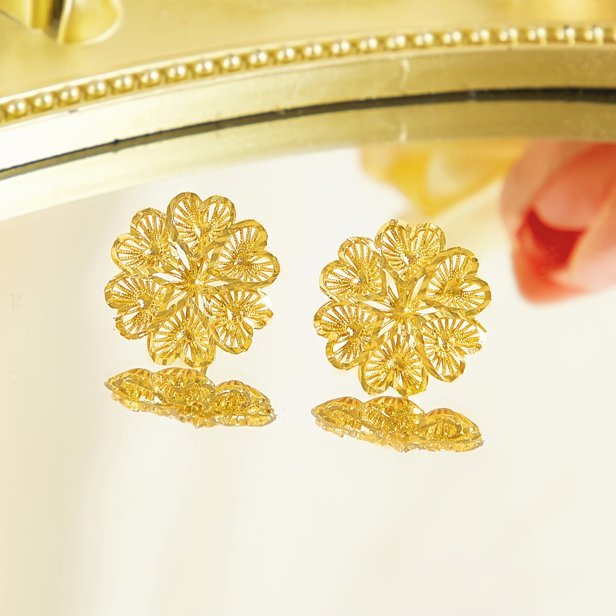 3D Flower Earrings & Pendant Set, Golden for Parties & Balls