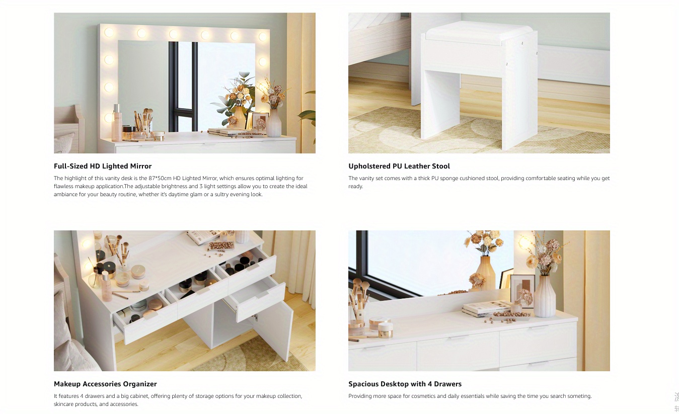 dressing table stool set with large make up   12 led bulbs vanity desk with 4 storage drawers and 1 cabinet for women girls wooden home bedroom furniture white Product details 2