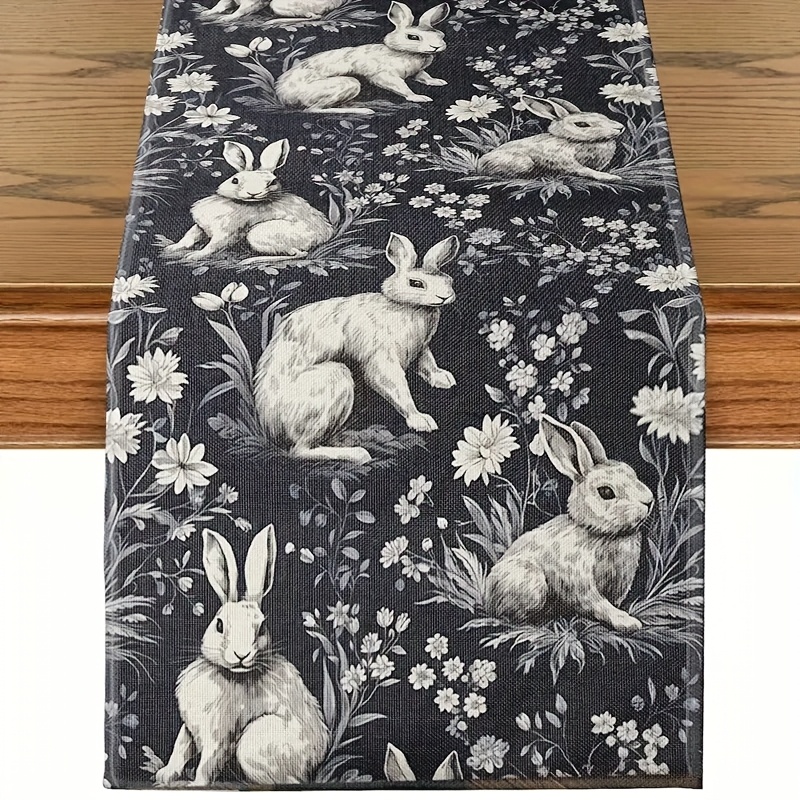 Image of 1pc, Linen Elegant Easter Bunny & Floral Table Runner, Design For Festive Dining Decor, Perfect For Spring Celebrations, Bunny Additions 13x48/13x72/13x108/inch