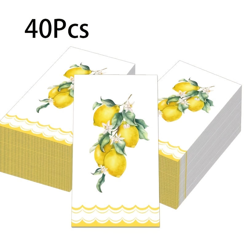 TEMU 40 pièces, Serviettes d'invités florales citron aquarelle, Essuie-tout rectangulaires à motif de de citronnier avec bordure ondulée jaune et