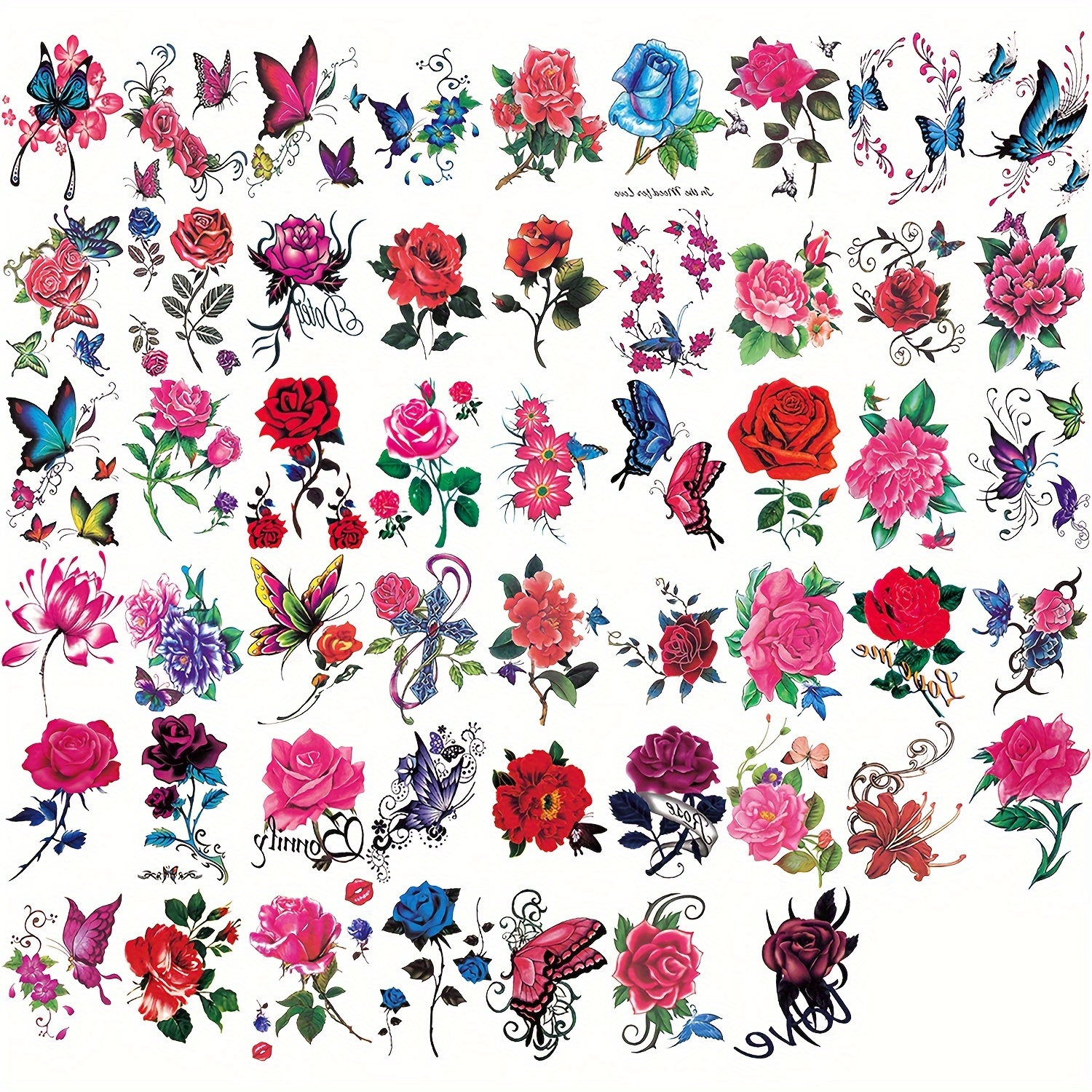 Image of 52pcs Flower Tattoo Stickers, Colorful 3d Temporary Tattoo Sticker, Body Arm Sleeve Fake Tattoo Stickers For Women, Waterproof Lasting 2-5 Days