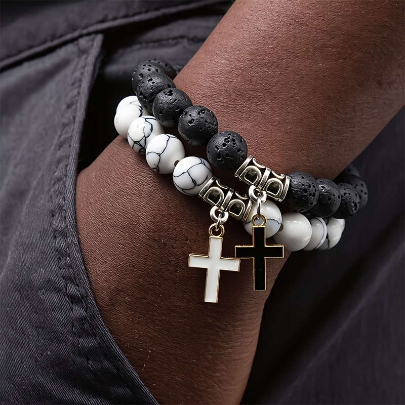 2pcs Couple Cross Bracelet Set Beaded Bracelets, Minimalist Christian Jewelry For