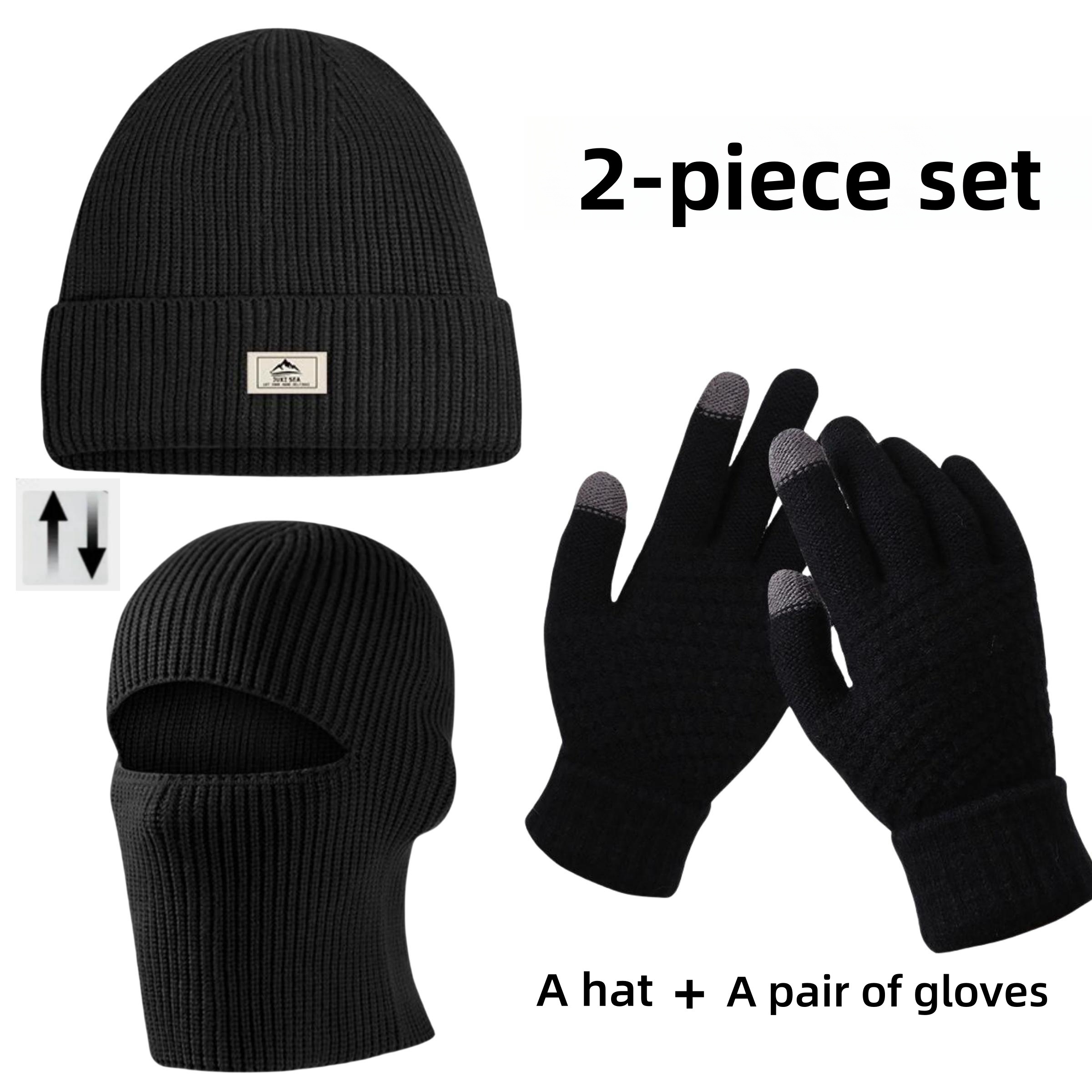 

2pcs Men's Knit Beanie And Gloves Set, Thermal Winter Balaclava, Knitted Hat With Face Mask, Textile Material ≥80%, Hand Washable, With Black For Winter