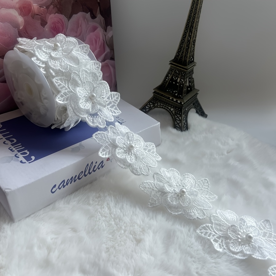 TEMU 1 de Tela Decorativa de Encaje Bordado con Cuentas de Capa Multicolor, Cinta de Adorno Floral 3D con Perlas - Material de Cinta Decorativa con