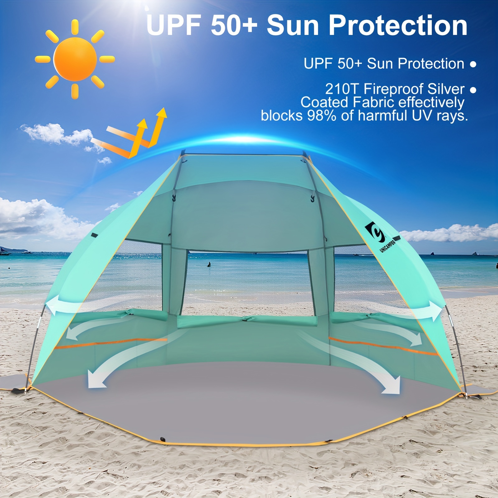 

Unicamper Beach Tent 3 Person Sun Shelter Upf 50+ With Extended Waterproof Pe Floor & 3 Mesh Roll Up Windows Fits, Portable Beach Shade Easy Setup For Outdoor Camping, Indoor, Fishing, Yard.