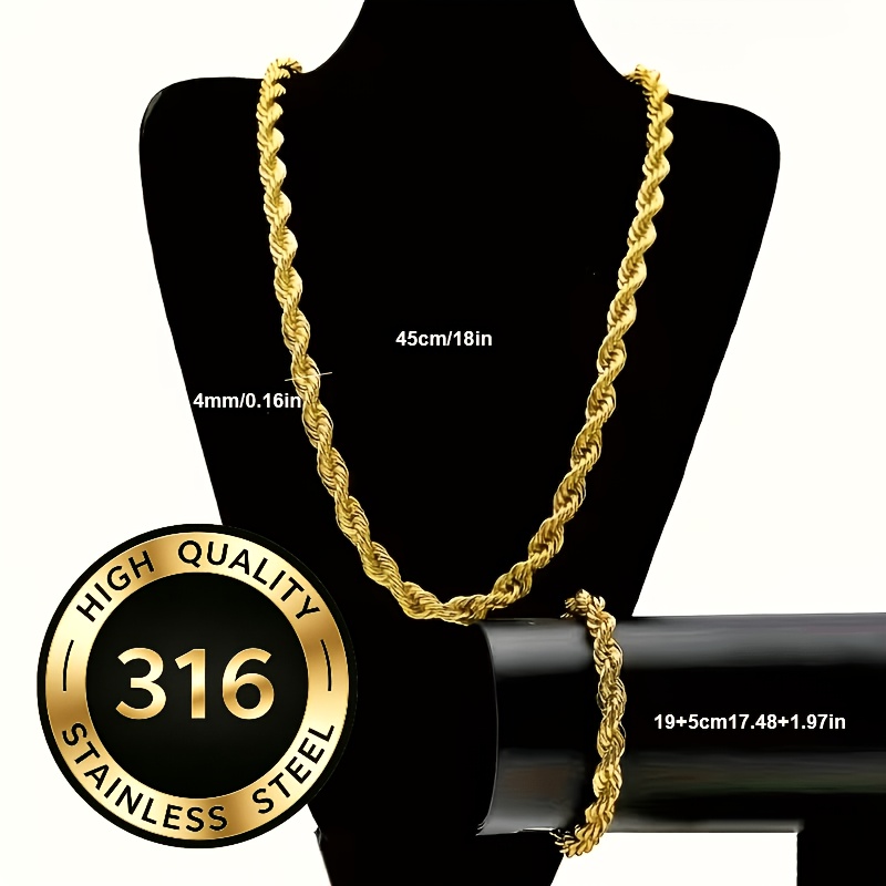 TEMU 2pcs Set 316l Stainless Steel Twisted Rope Necklace & Bracelet Set, Vintage And Minimalist Style, Unisex For Daily Wear And Gifting
