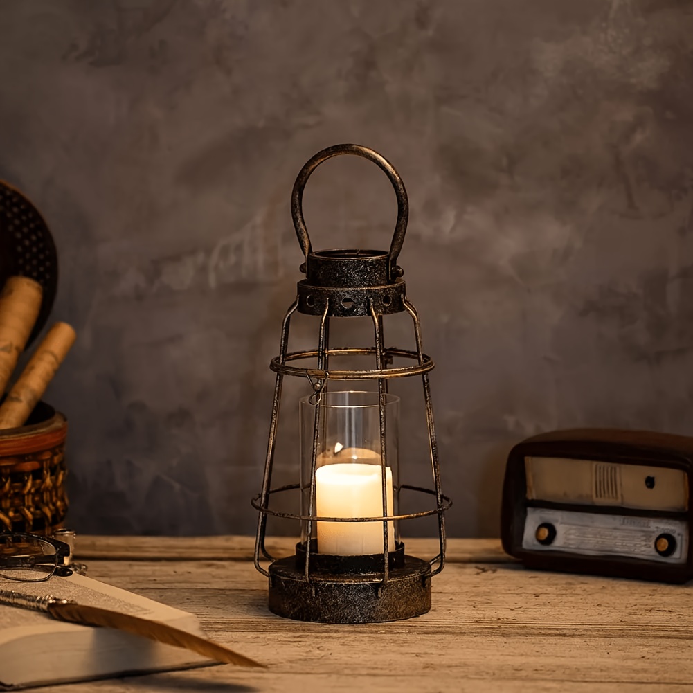 Image of Vintage Candle Lanterns Decorative With Handle Rustic Portable Pillar Candle Holder With Glass Wrought Farmhouse Lantern For Wedding Party Centerpiece Decor Indoor Use