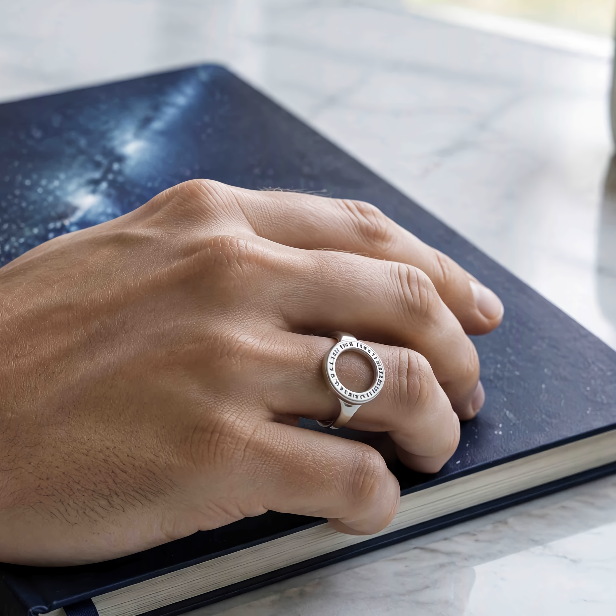 Engraved Hollow Round Open Statement Ring, Adjustable