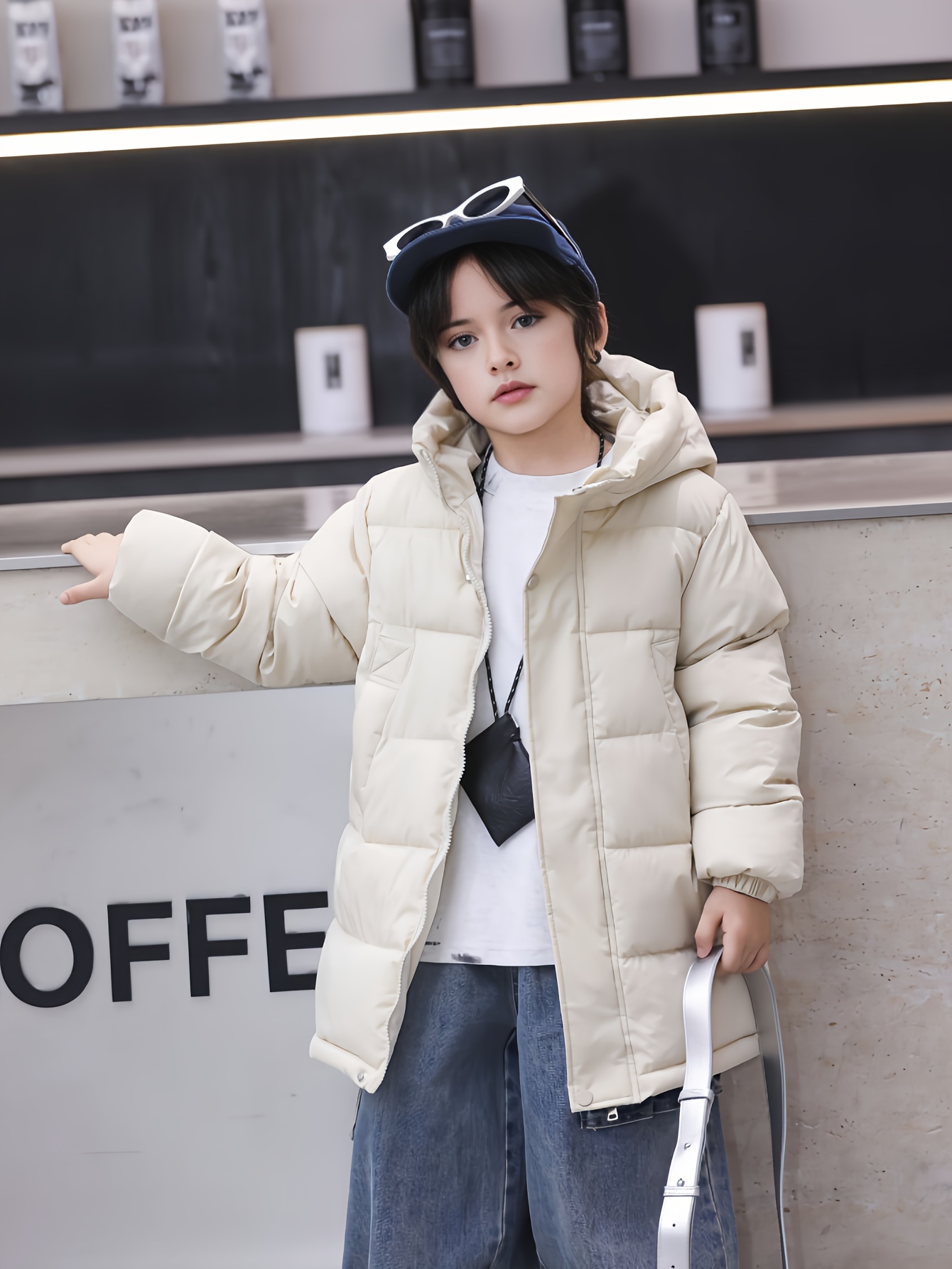 *' Cozy Thermal Hooded Jacket Long Medium Style, Warm Polyester Winter  Coat for Boys and Girls, Casual Solid Color with Pockets, Machine
