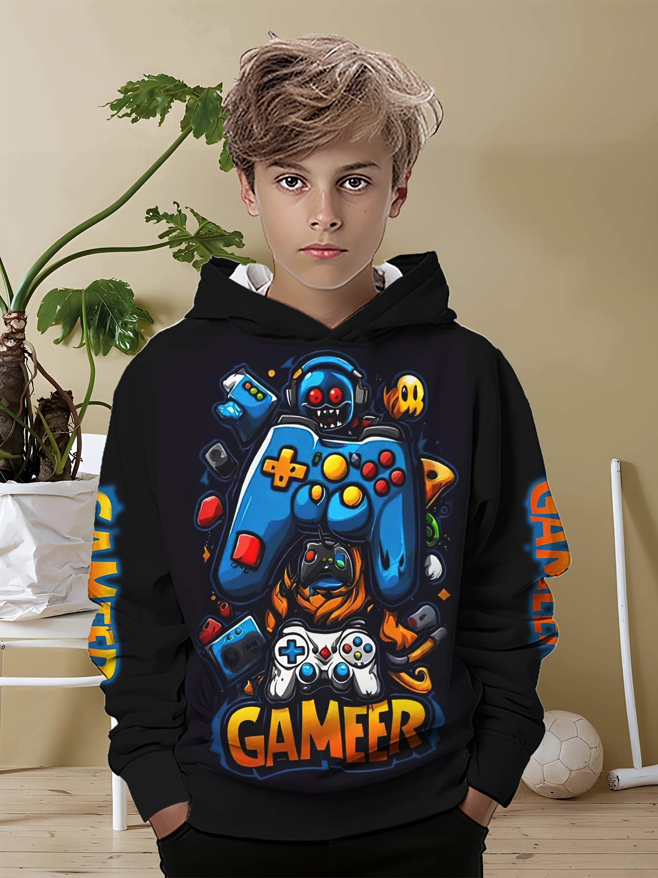 Sudadera Con Capucha Gamer Para Niños Y Adolescentes - Tamaño Oversize, Tejido De Franela Y Forro Sherpa