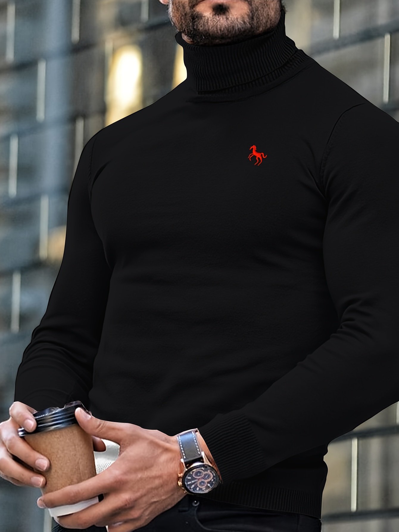 Men'S High-Neck Knitted Sweater, Fitted Pullover Sweater, Plain Color Basic Base Layer Shirt, Small Spurs Embroidery Design on Chest, Soft And Comfortable Top, Fall/Winter Men'S Clothing