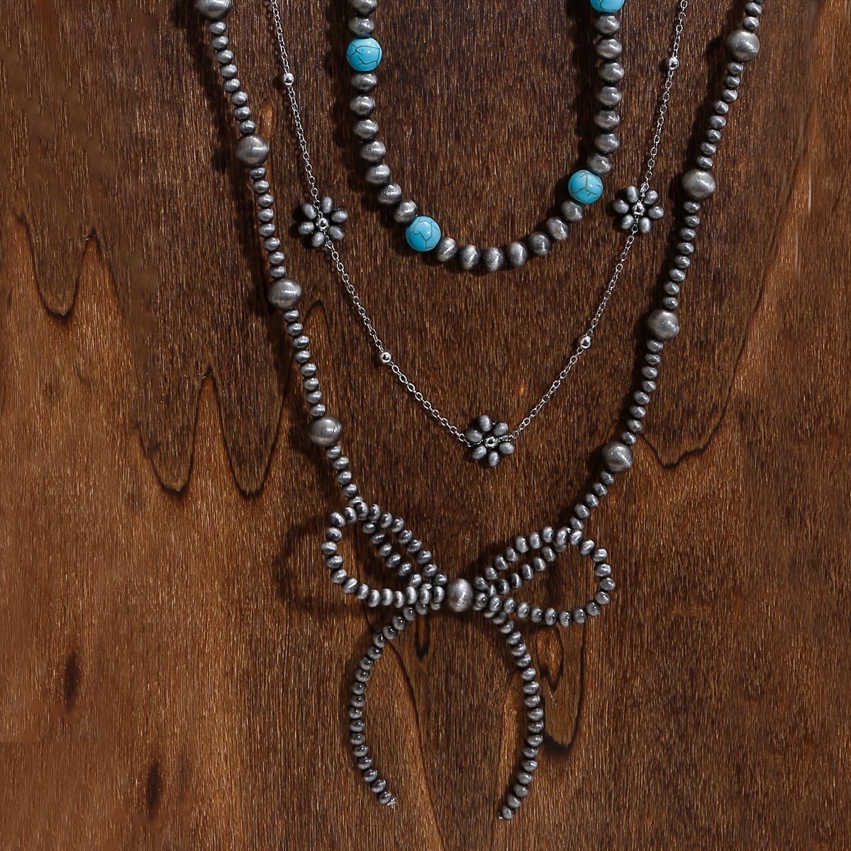 TEMU 3pcs Bow Flower Faux Black Turquoise Beaded Necklace Set For Women, Western Cowboy Style Bow Flower Silver Bead Chain Stacking Ccb Material