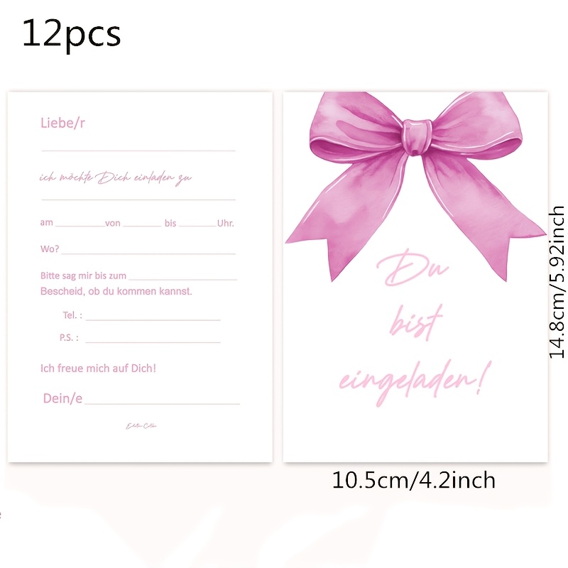 Image of 12pcs Pink Bow German Invitation Cards, Birthday Party Invitations, European Watercolor Style German-themed Event Stationery
