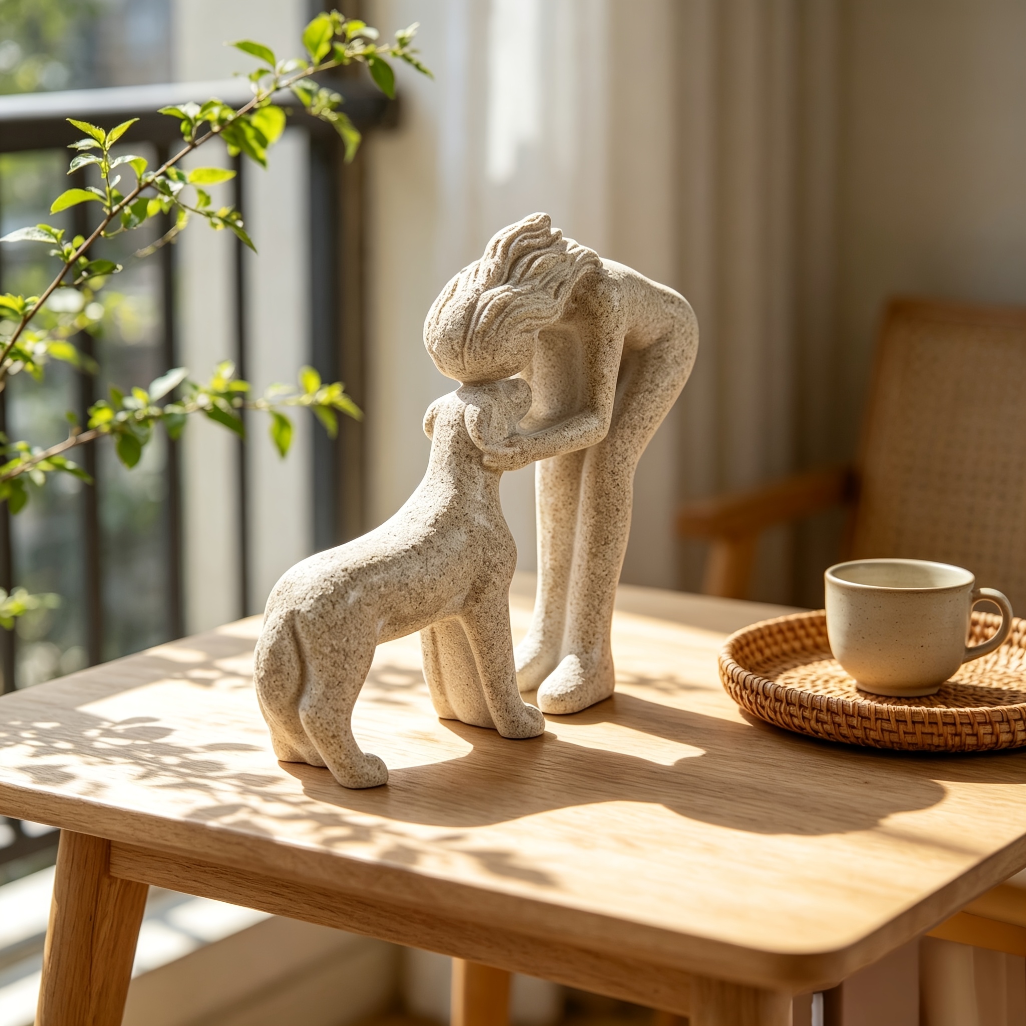 TEMU 1 pièce Sculpture abstraite de Noël en résine femme et chien, texture grain de , figurine chaleureuse et minimaliste, décoration de table pour