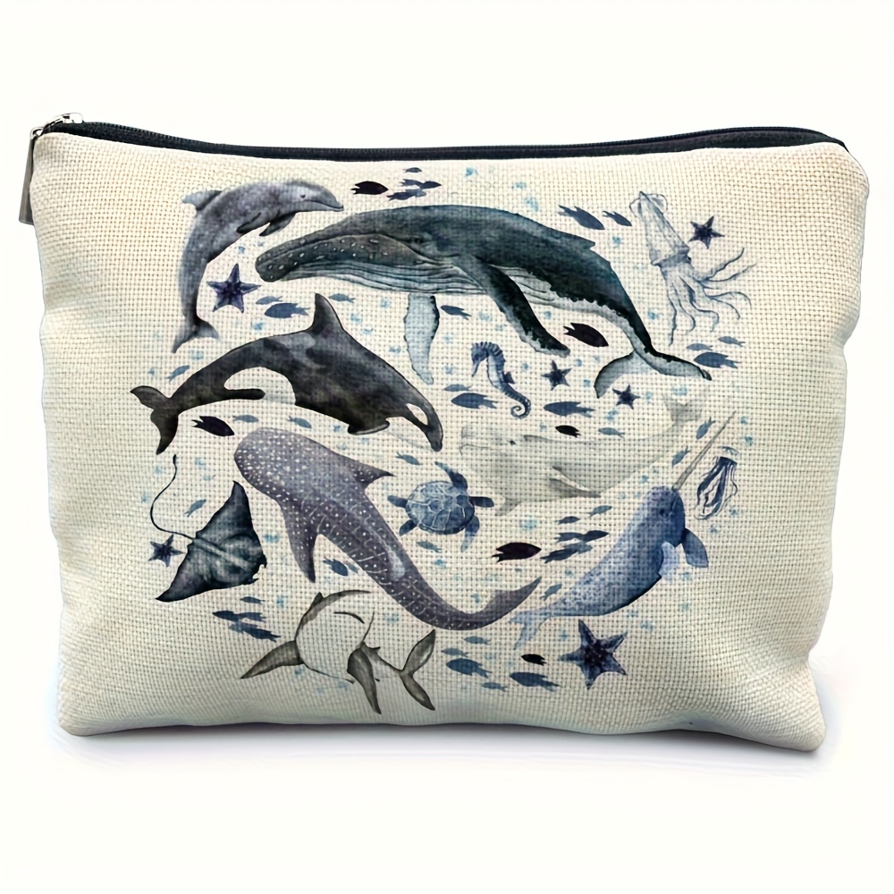 TEMU 【商品名】マリン柄の両面リネンプリントコスメバッグ。サメとクジラのデザインが特徴のポータブルメイクアップポーチ。海洋生物をテーマにした洗面用具。女性に最適。