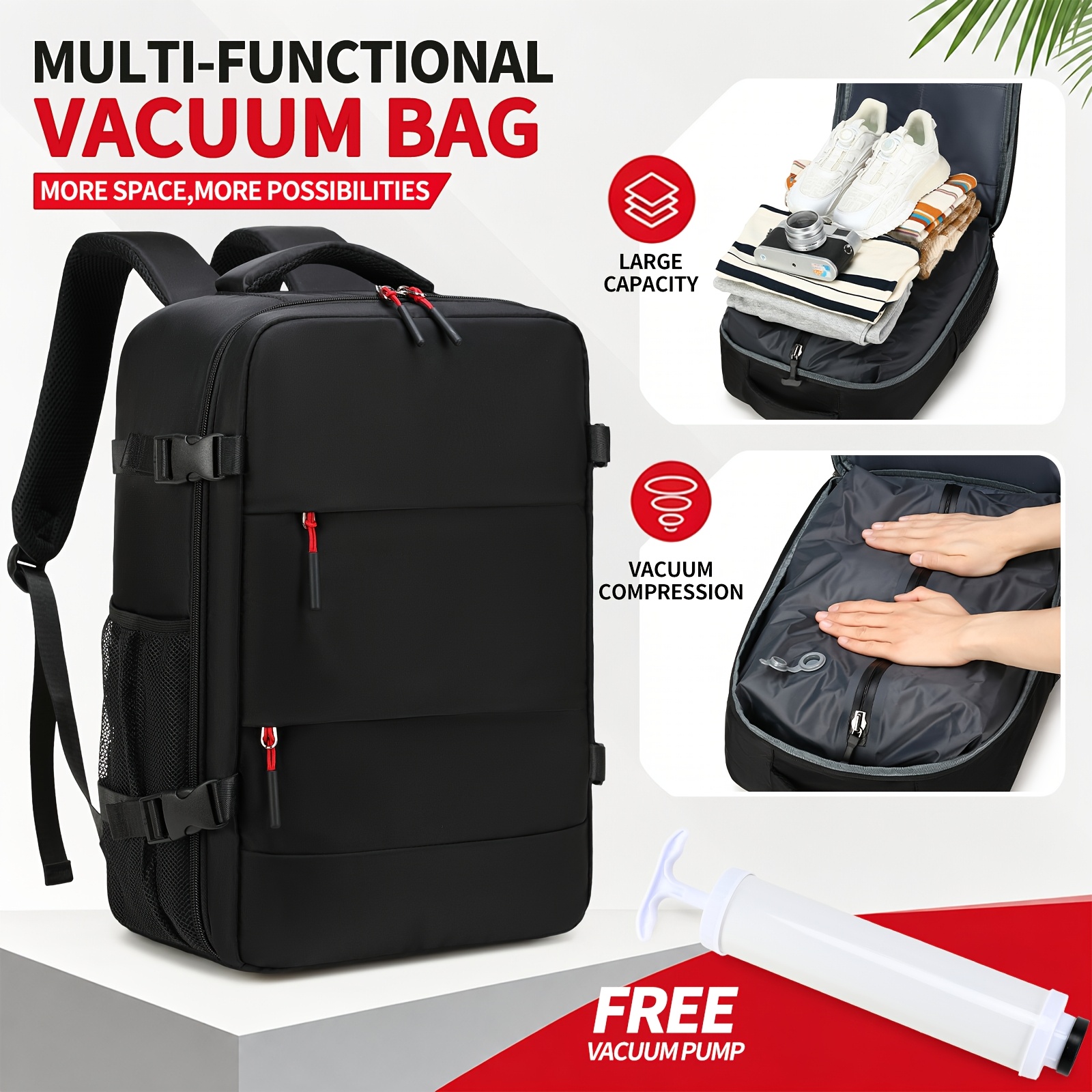 TEMU Vacuum Compression Travel Backpack With Pump - Durable Vacuum-sealed Carry-on, Adjustable Shoulder Strap & Zipper Closure, Suitable For Business