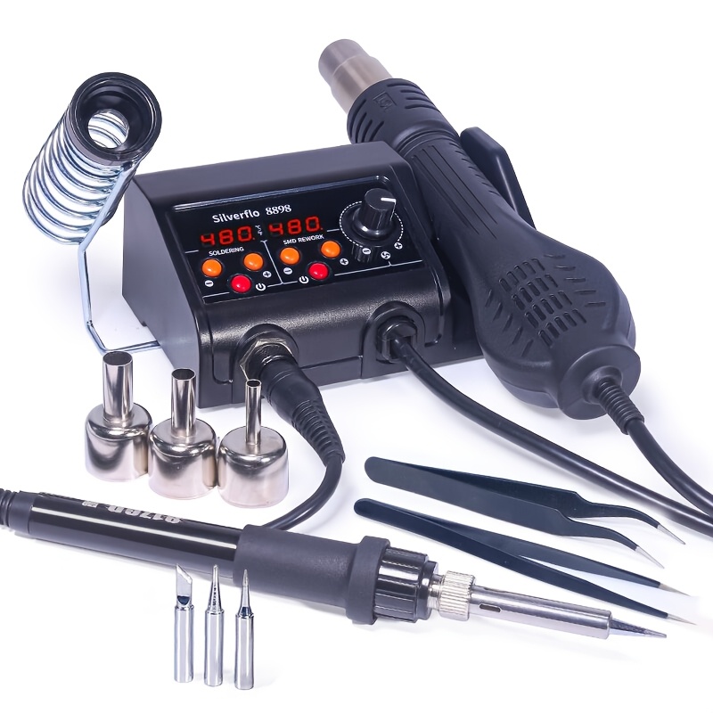 Image of 882d Soldering Iron Station 2-in-1 Smd Hot Air Rework Station With3 Soldering Tips, 3 Hot Air Nozzles, Tweezers, Desoldering Station With Led Display, 100- Adjustable Temperature