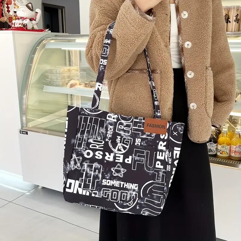 1pc steampunk style oxford cloth tote bag fashion shoulder bag with fixed straps foldable with magnetic closure polyester lined large capacity graffiti letter print shopper details 2