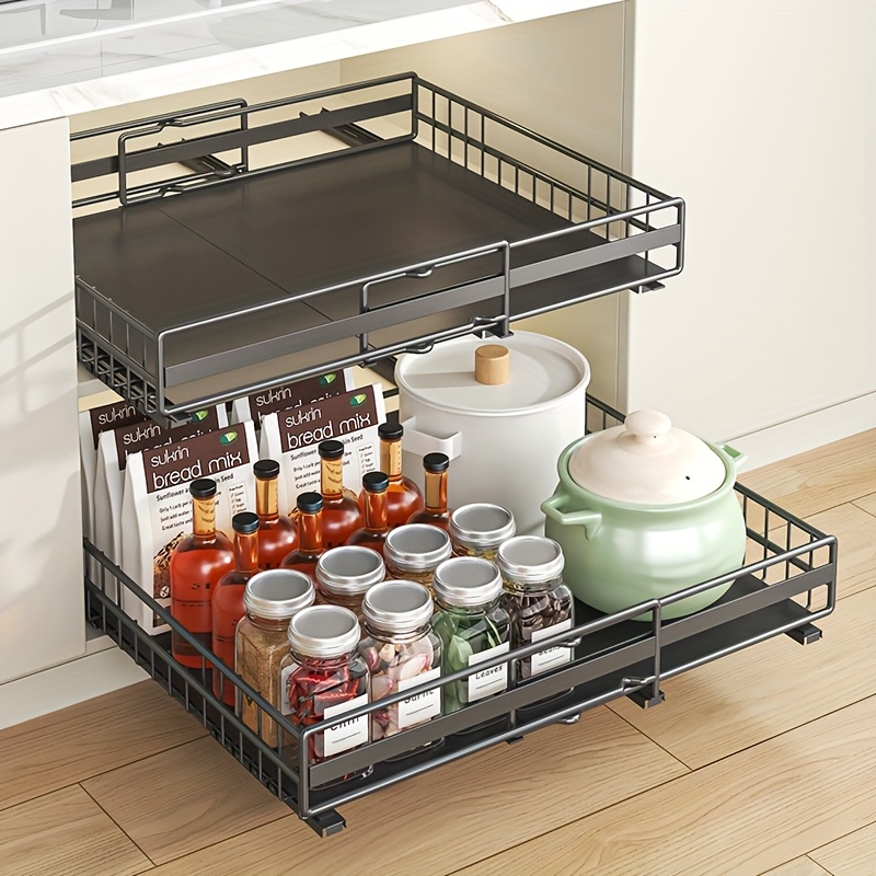 2pcs/1pc Optional Easy-install Pull-out Cabinet Organizers - Slide-out Drawer For Kitchen, Multifunctional Storage Rack For Pots And Bowls, Carbon Steel, Black And White
