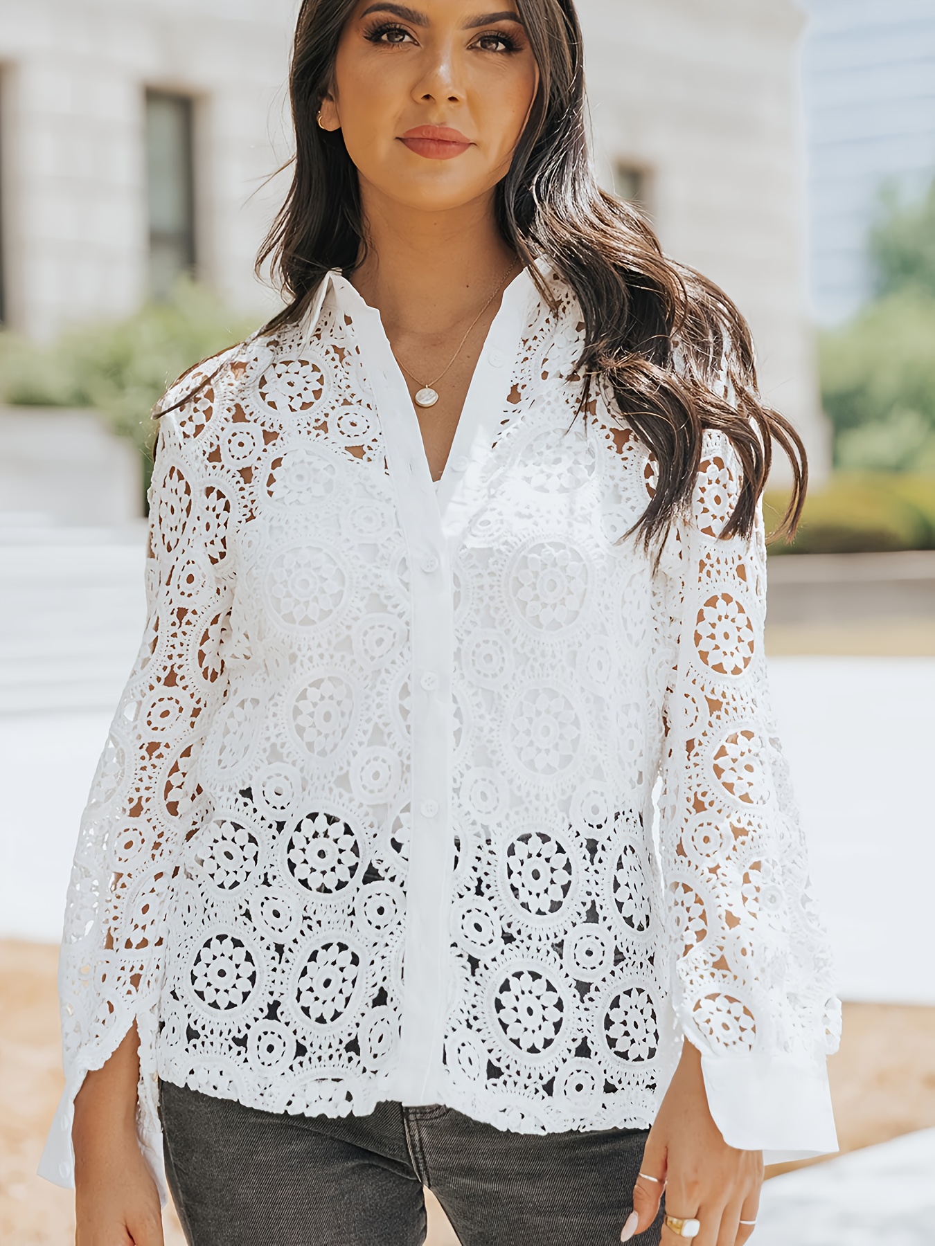 Elegant Plus Size White Lace Blouse with Floral Patterns Long Sleeve,  Collar, Button-Up Shirt for Women Spring, Versatile Fashion|Elegant  Lace