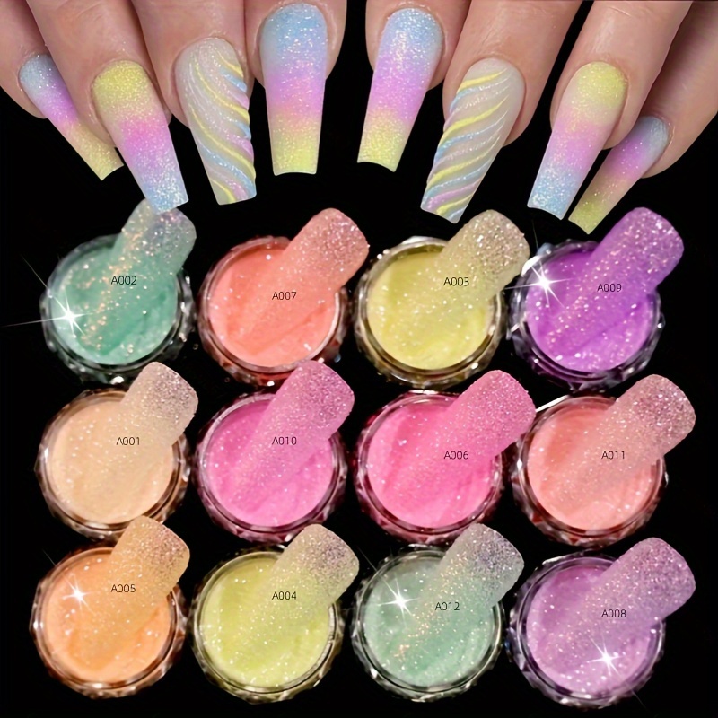 12pcs Set Of Nail Glitter, 12 Colors With Candy Effect, Nail Shine, Manicure Powder