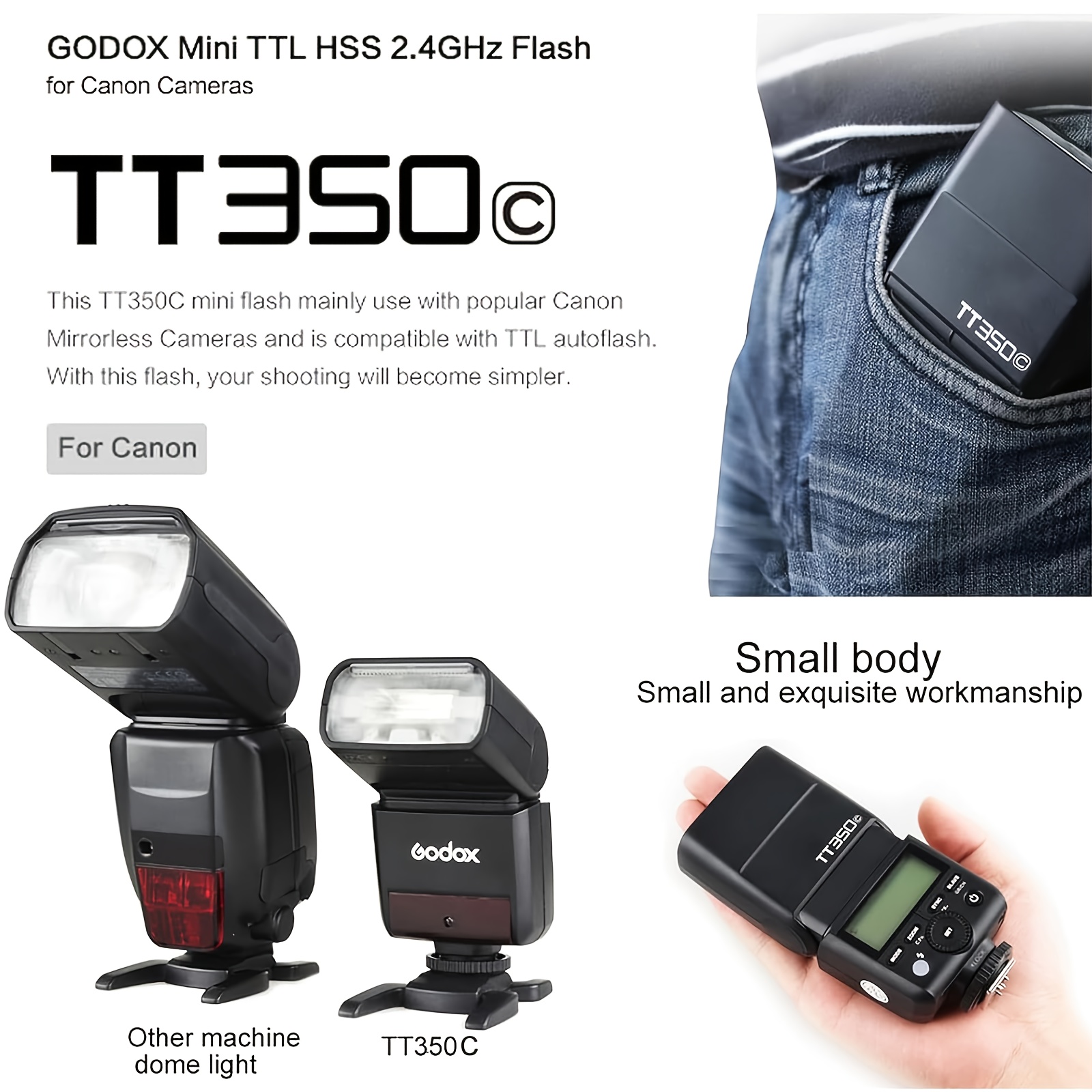  tt350c ttl flash (versione ), wireless gn36 2.4g, tempo di ricarica di 1.5 secondi, sincronizzazione ad velocità di 1/8000 di secondo, regolazione della potenza a 14 , per riprese di matrimoni/ /vlog Dettagli dell'articolo 5
