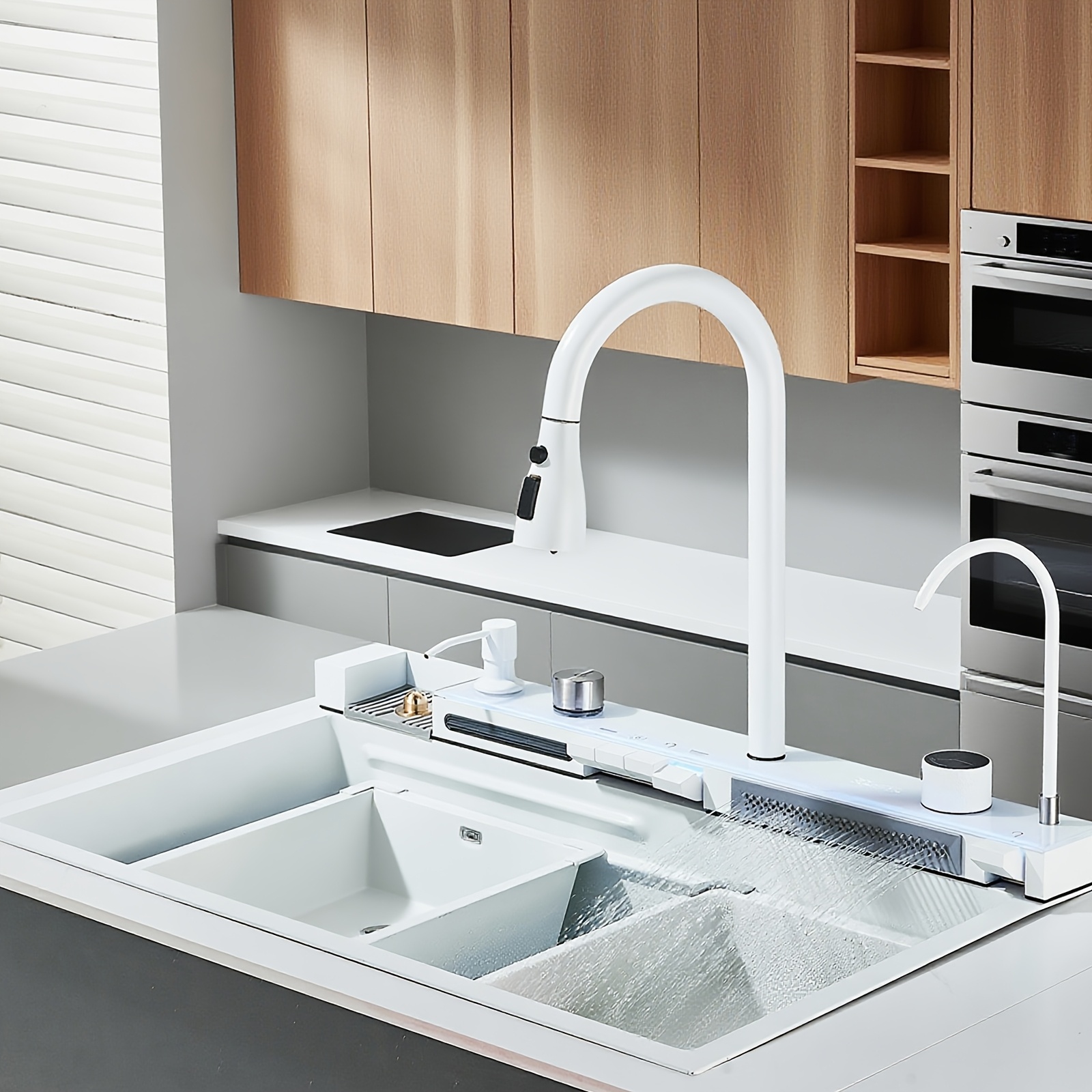 Image of Waterfall Sink, Stainless Steel Kitchen Sink, 80 X 46cm, Single Bowl, Multi-functional Bar Sink With Retractable Faucet, Cup Washer And Full Set Of Accessories