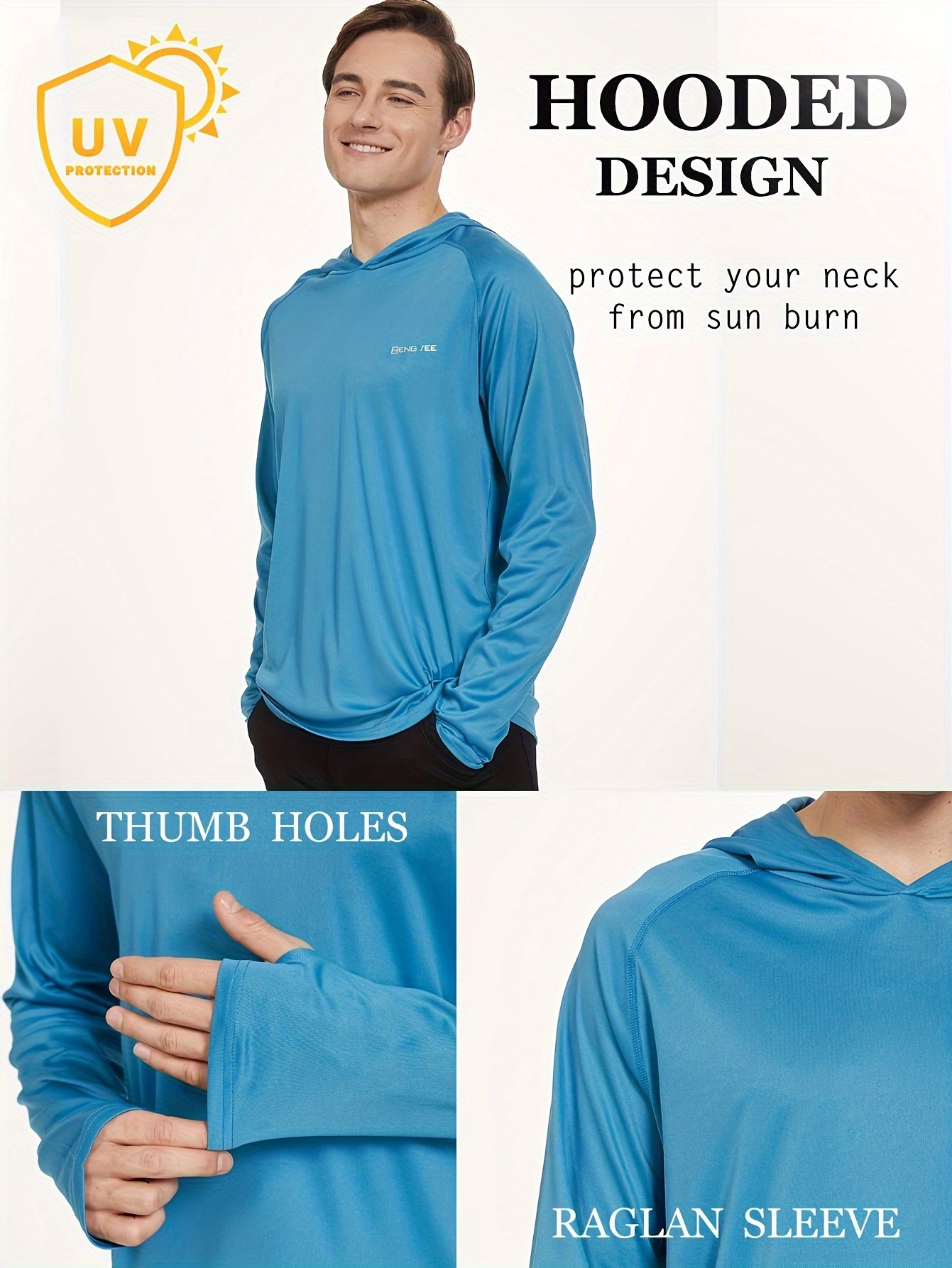Men's UPF 50+ Sun Protection Hoodie Shirt with Thumbholes - Haze Blue / S