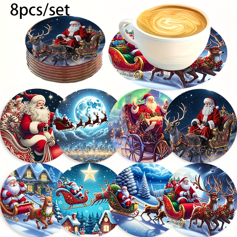 TEMU Lot de 8 sous-verres en bois pour Noël - Protège-tables ronds en bois avec Père Noël et , sets de table durables pour boissons chaudes pour
