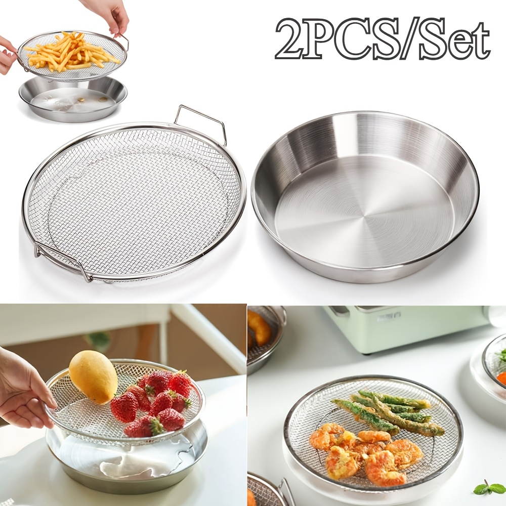 

2pcs/1set Frying Net Sieve Stainless Steel Grease Filter Tray Easy To Clean Fruit And Vegetable Drainer Fried Food Grease Filter With Tray Portable For Home Kitchen Cooking Tools