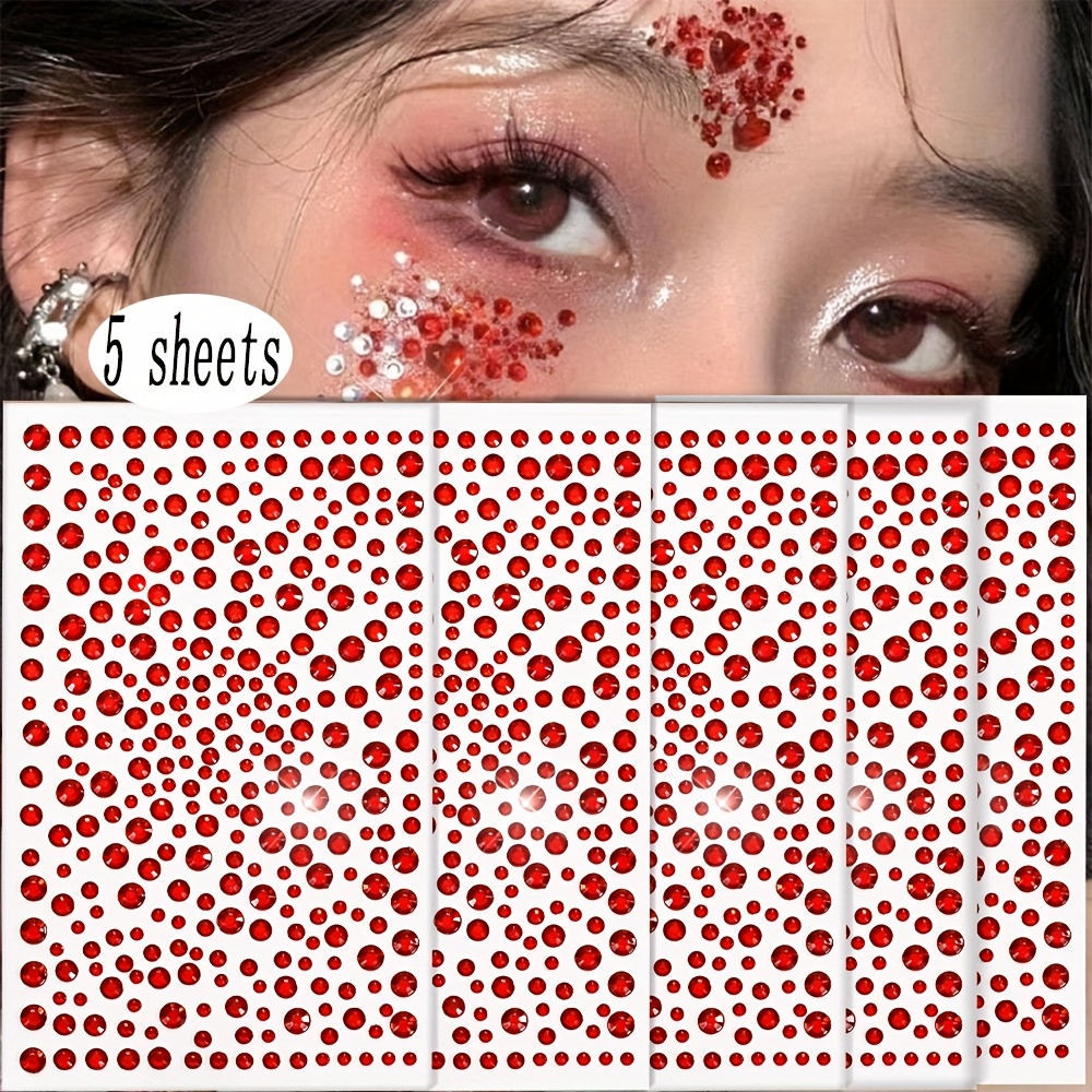 5 - Sheet Set Red Rhinestone Face Stickers, Red Face Synthetic Gemstones Hair Synthetic Gemstones, Face Jewels , Flatback Rhinestones Diy Crafts, Ideal For Makeup At Events