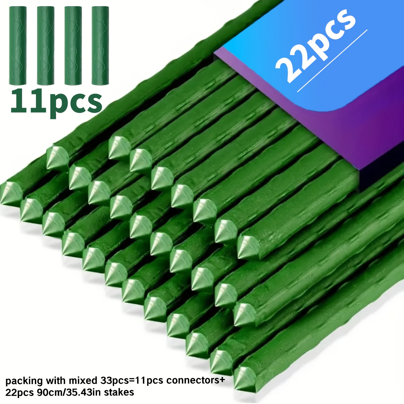 E-shop DIY 180 cm (70,8 Zoll) Grünpflanzenstützset mit 22 Stäben 11 Verbindern – 11 mm dicke rostfreie PE-Stangen für Tomaten, Gurken, Luffa &
