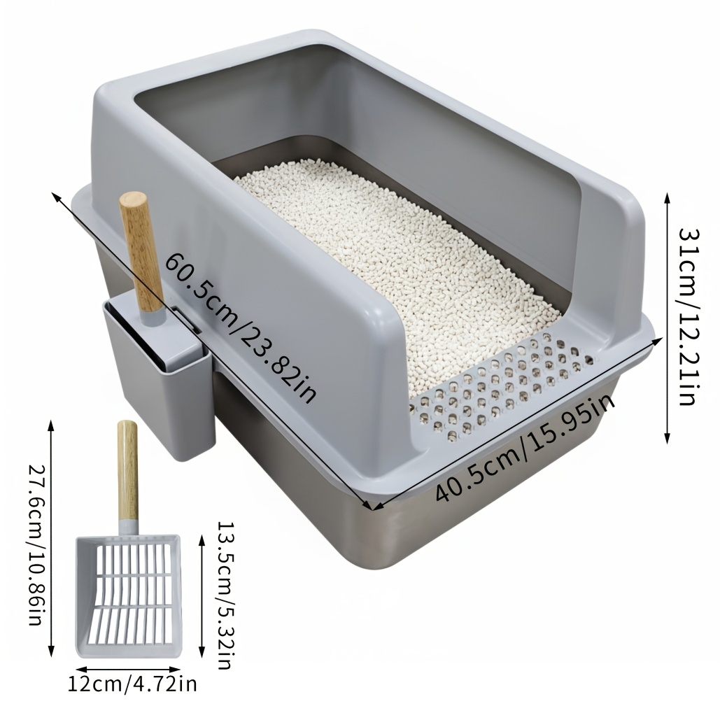 A High-sided Open Tray Made Of Stainless Steel For Cat Litter, Featuring A Surface And A Mat, Designed To Be Leak-proof And Odor-resistant, With A , Ideal For Cats Of All Sizes, Without Battery