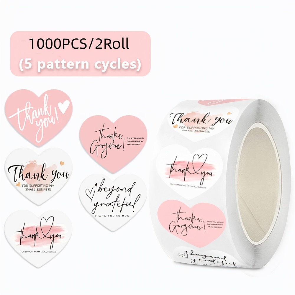 TEMU 1000 stuks (2 rollen) - Hartvormige roze Engelse bedankstickers voor cadeauverpakking, "Thank You" geschenkdoos verpakkingslabels