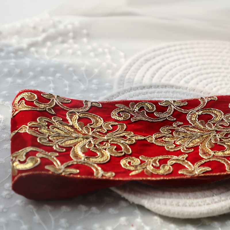 TEMU 100cm/1 Meter Elegant And High-end Ethnic Embroidery, Exquisite Floral Patterns, Lace Trim, Shiny , Rose Red Fabric Sequins, Suitable For Sewing