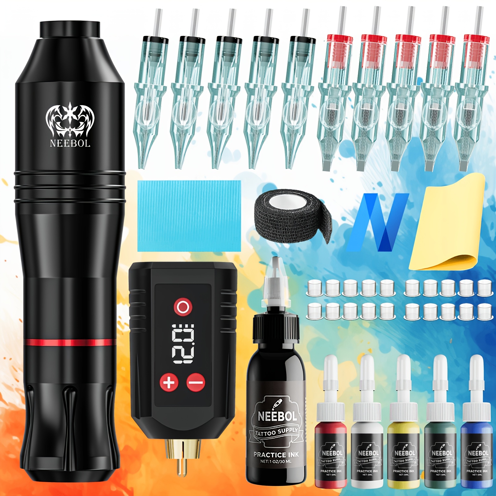 Image of Neebol Wireless Rotary Tattoo Machine Pen Set, With Long-life Battery, 10pcs Tattoo Needles And 6pcs Practice Tattoo Ink For Fake Cordless Tattoo Gun Kit, Portable Body Art Equipment , , Holiday Gift