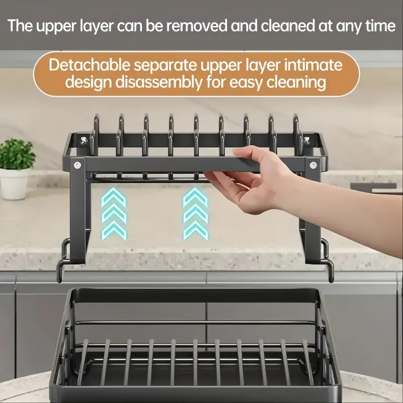 2 tier drying rack with automatic water drainage metal freestanding kitchen rack with bowl and chopstick holder knife slot board stand high capacity drying racks Product details 1