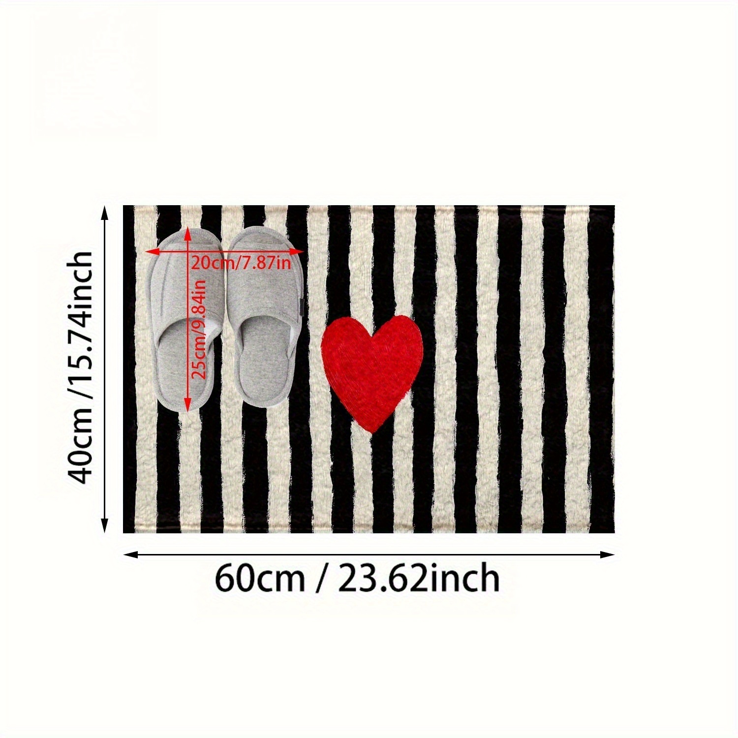 TEMU 1pc Black And White Striped Love Pattern Anti-slip Doormat - Imitation Cashmere Microfiber, Absorbent Bath Mat With Anti-slip Backing, Machine