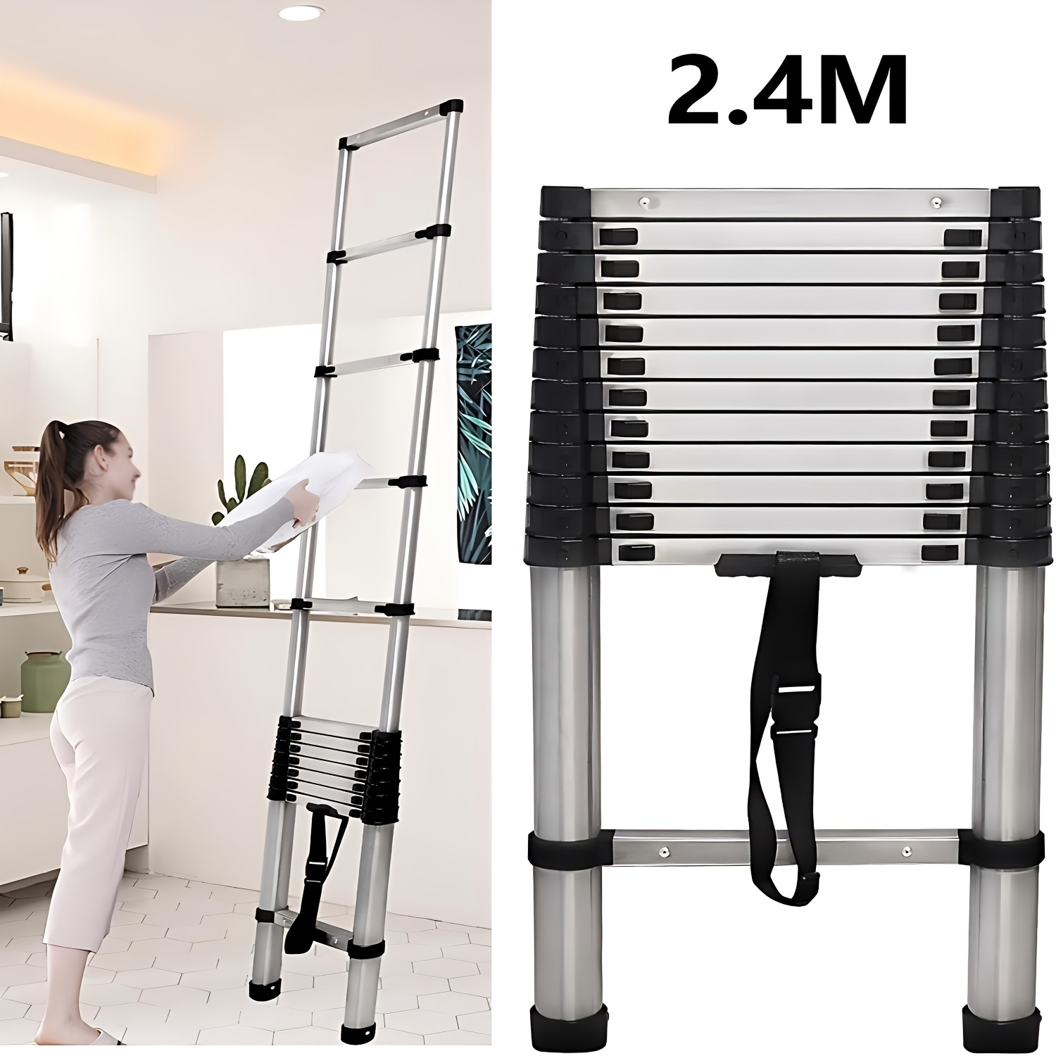 Image of 2.4m/3.0m/3.6m/4.2m Telescopic Ladder, Lightweight Extendable Ladder, Foldable Ladder For , Extendable Ladder, Easy To Store & Transport, 150kg Load Capacity For Motorhomes