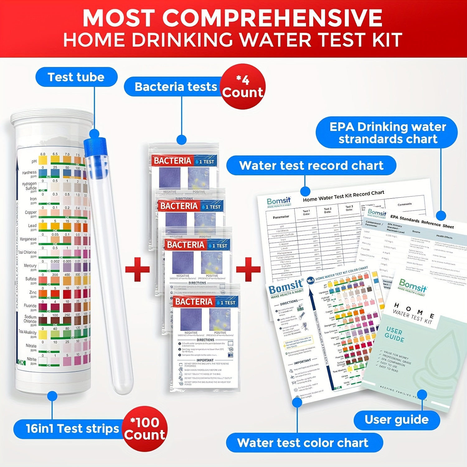 

17 In 1 Home Drinking Water Testing Kit - 100 Strips + 4 Tests - Tap And Test Kit, Easy To Test And Read For Hardness, Lead, Iron, Fluoride, Ph, Copper, And More