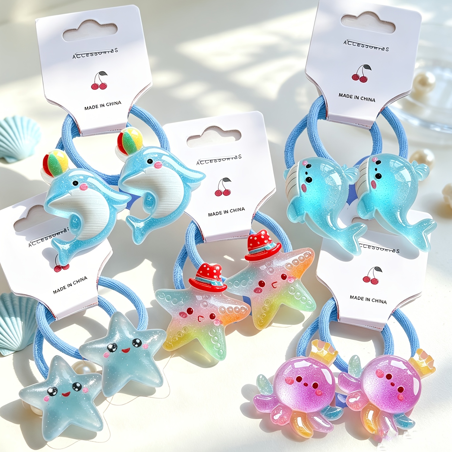 TEMU 10pcs Set Of Hair Ties, , Octopus, Starfish, Dolphin Cute Hair Additions, Suitable For Ocean-themed Party Supplies And Gifts