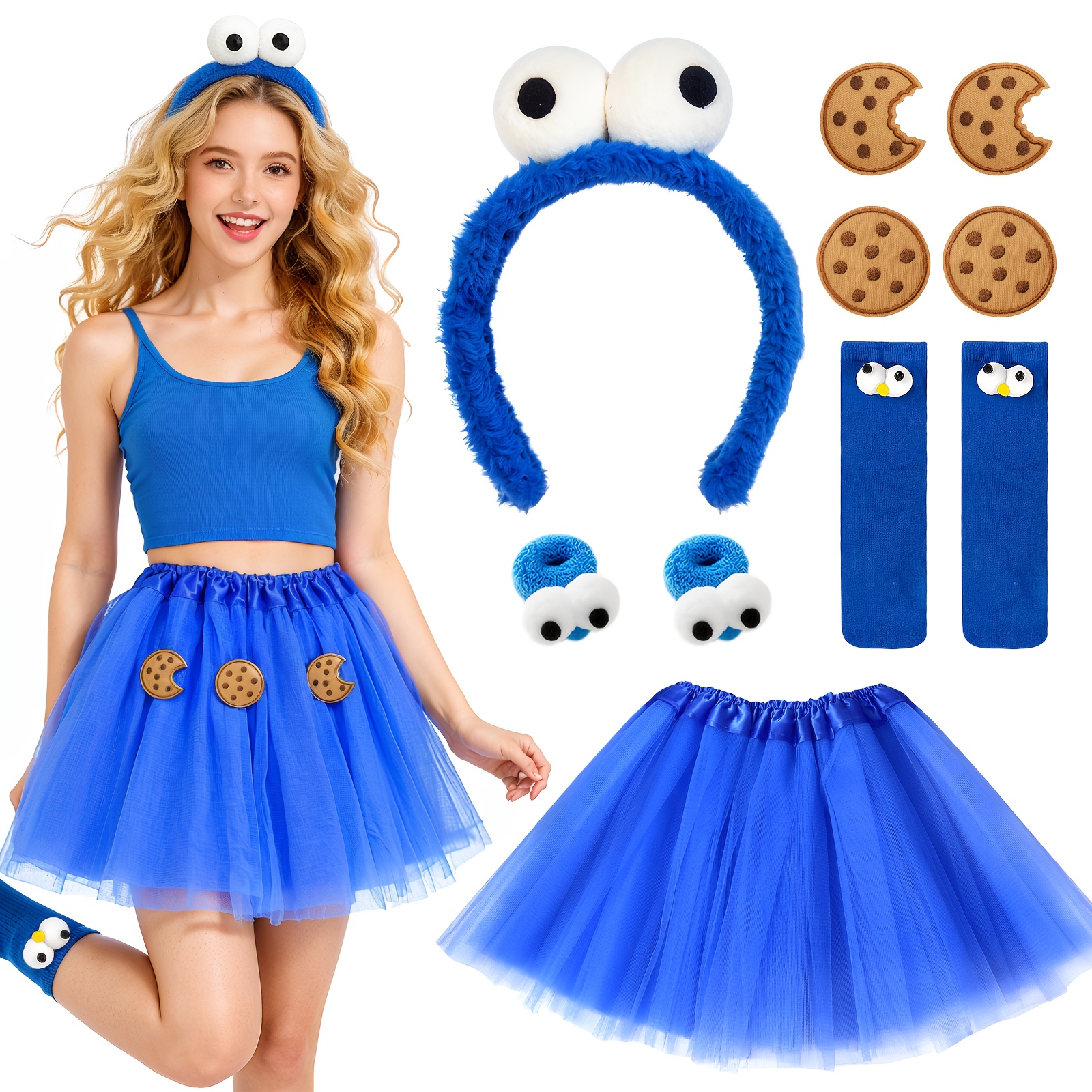 5pcs Cookie Costume And Accessory Set (headband + 2 Hair Ties + Skirt + Socks + 4 Fabric Patches) Suitable For Halloween, Carnival, World