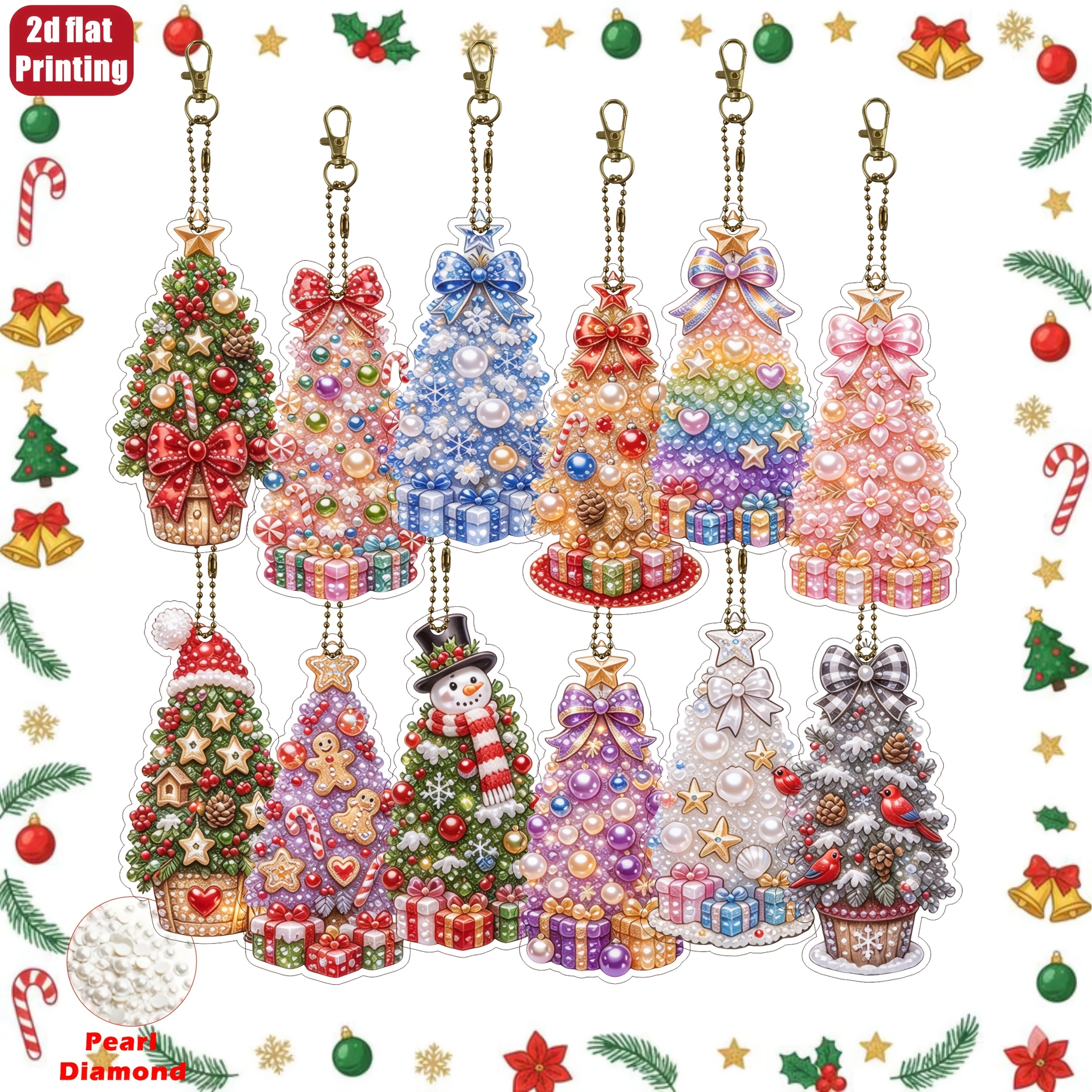 TEMU 2d/flat Double-sided Full Diamond 12pcs Christmas Painting Diamond Painting Keychain Pendant Kit, Suitable For Adult Individual Mosaic Pendant,