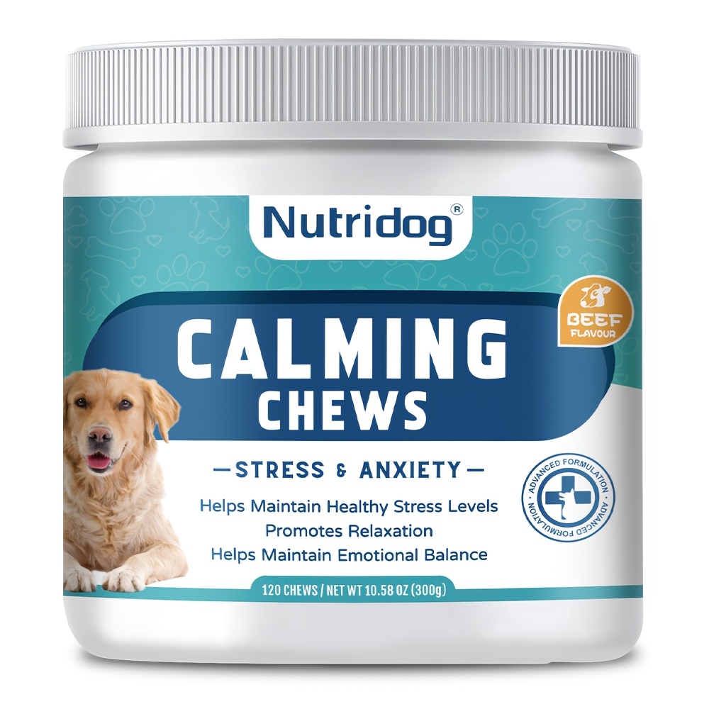 

10.58oz Nutridog Calming Chews For Dog - 120 Chews, Beef . Stops Barking, Alleviates Discomfort For In Separation, Training, Travel, And More