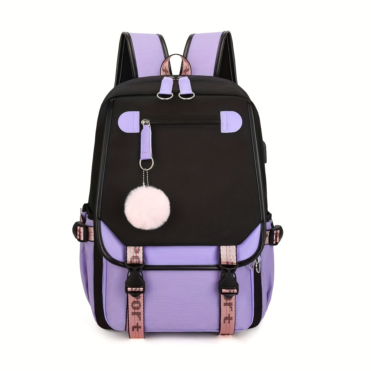 

Girls Print Small Plush Ball Backpack, Casual Large Capacity Outdoor Backpack With Usb Charging Port, Multifunctional Backpack For Business Travel School