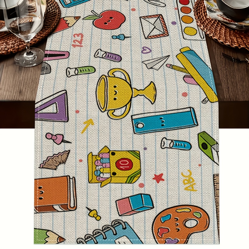 TEMU 1pc School-themed Table Runner - 100% Polyester, Rectangular Decorative Kitchen & Dining Accessory With Cute Backpacks, Pencils, Books &