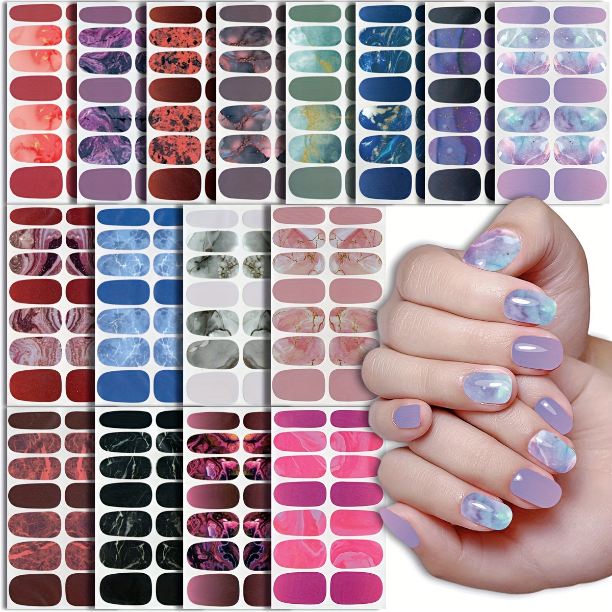 

16pcs Of Marble Texture Free 6 Files Nail Sticker Colorful Temperament Halo Dye Nail Polish Sticker Self Adhesive Marble Texture Nail Sticker